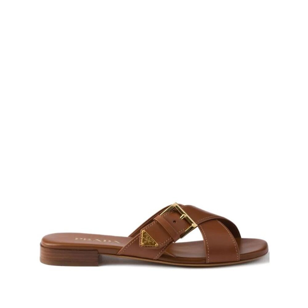Leather Crisscross Slides With Buckle Women